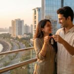 Happy Indian couple holding house keys with Navi Mumbai skyline background.
