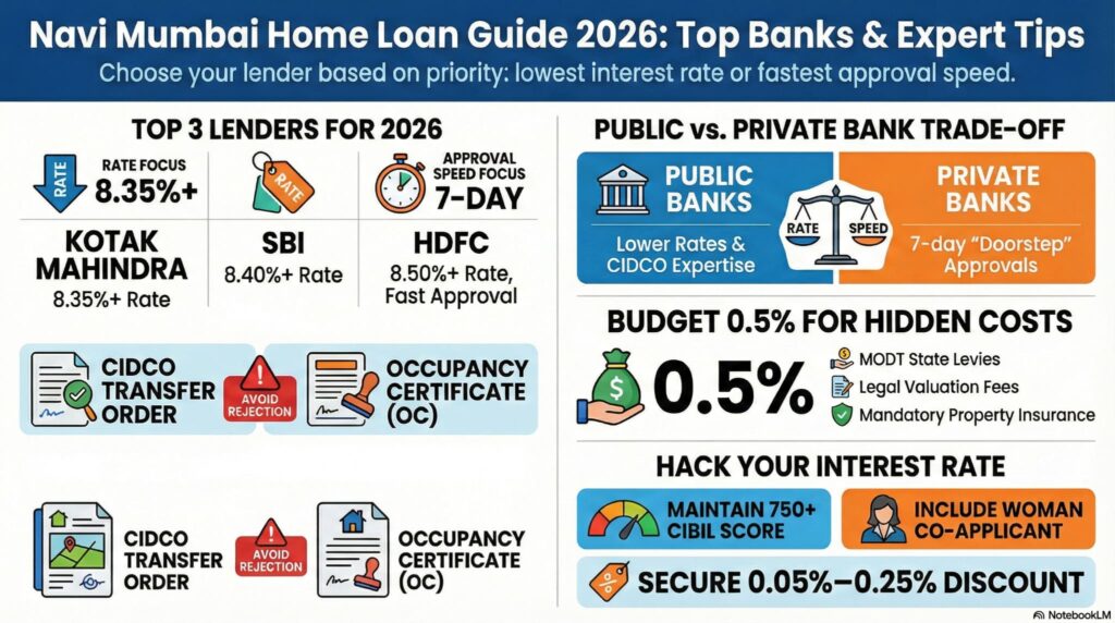 Navi Mumbai Home Loan Guide 2026: SBI vs HDFC interest rates (8.35%+), CIDCO transfer tips, and 0.5% hidden costs.