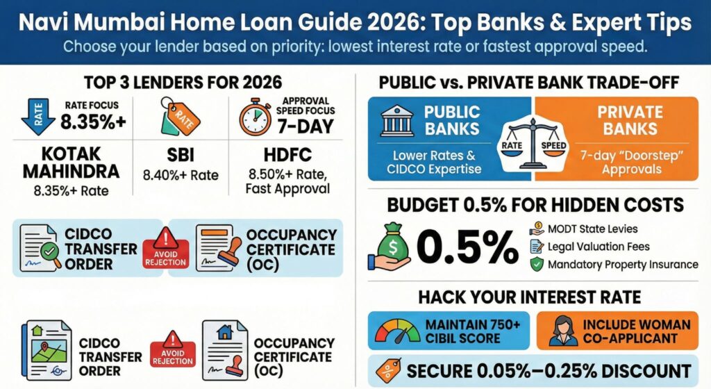 Navi Mumbai Home Loan Guide 2026: SBI vs HDFC interest rates (8.35%+), CIDCO transfer tips, and 0.5% hidden costs.
