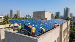 Technicians installing solar panels on a high-rise rooftop in Navi Mumbai with city skyline background.