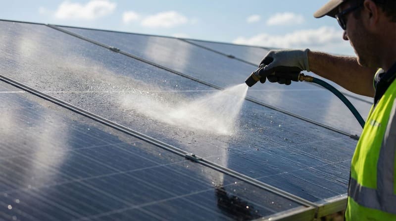 Worker cleaning solar panels with a water jet on a rooftop to remove dust.