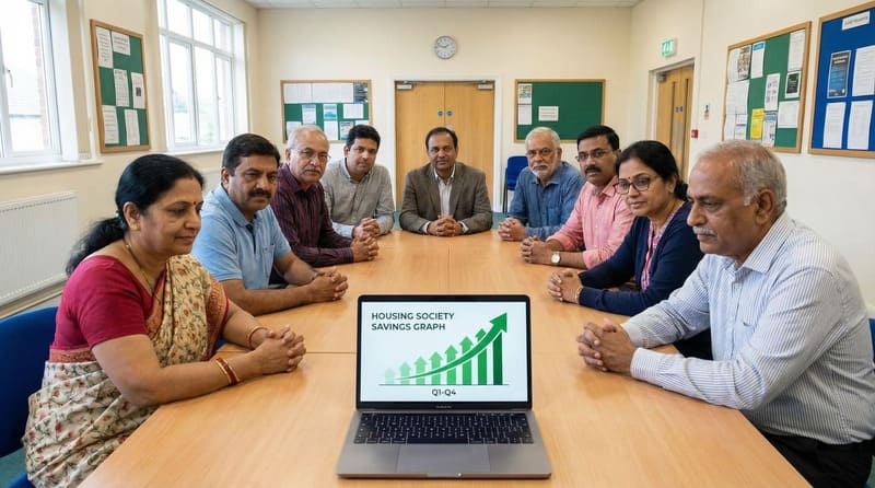 Housing society committee members discussing solar energy charts and savings on a laptop.
