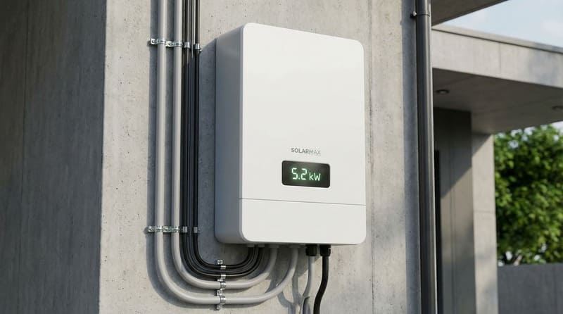 Modern solar inverter unit mounted on a wall with a digital display showing energy generation.
