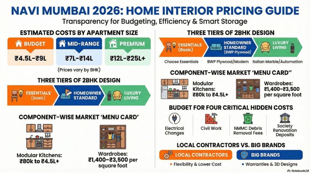 Navi Mumbai 2026 Interior Design Cost Guide: 2BHK pricing (₹4.5L-₹25L), kitchen rates (₹80k+), and hidden renovation costs.
