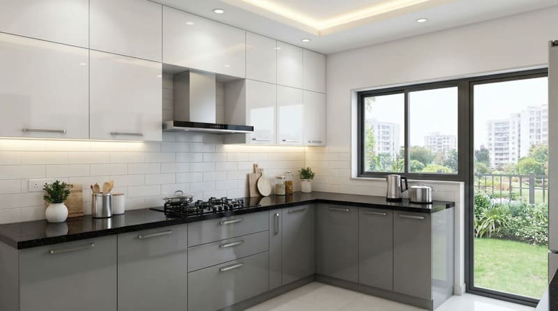 L-shaped modular kitchen design acrylic finish cost India
