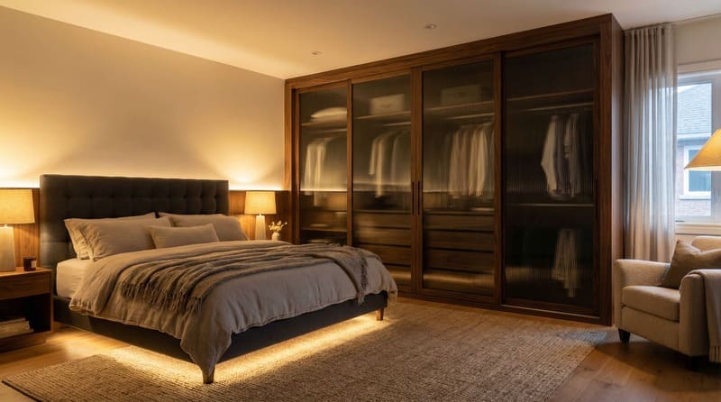 Sliding wardrobe design for master bedroom with mirror.