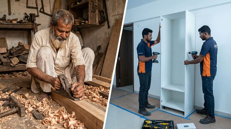 Interior design work in progress carpentry vs factory finish.