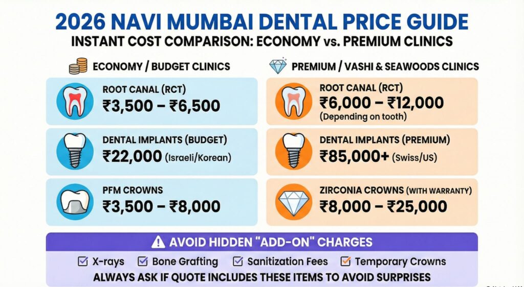 Navi Mumbai Dental Price Guide 2026: Root Canal costs (₹3,500-₹12,000), Dental Implants (₹22,000+), and Zirconia Crown rates in Vashi & Nerul.