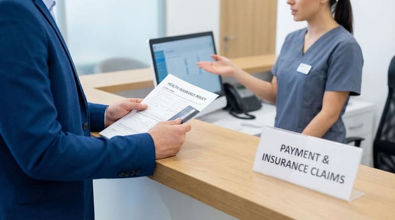 Paying dental bill with health insurance card concept.