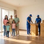 Family supervising packers and movers in Navi Mumbai apartment complex.