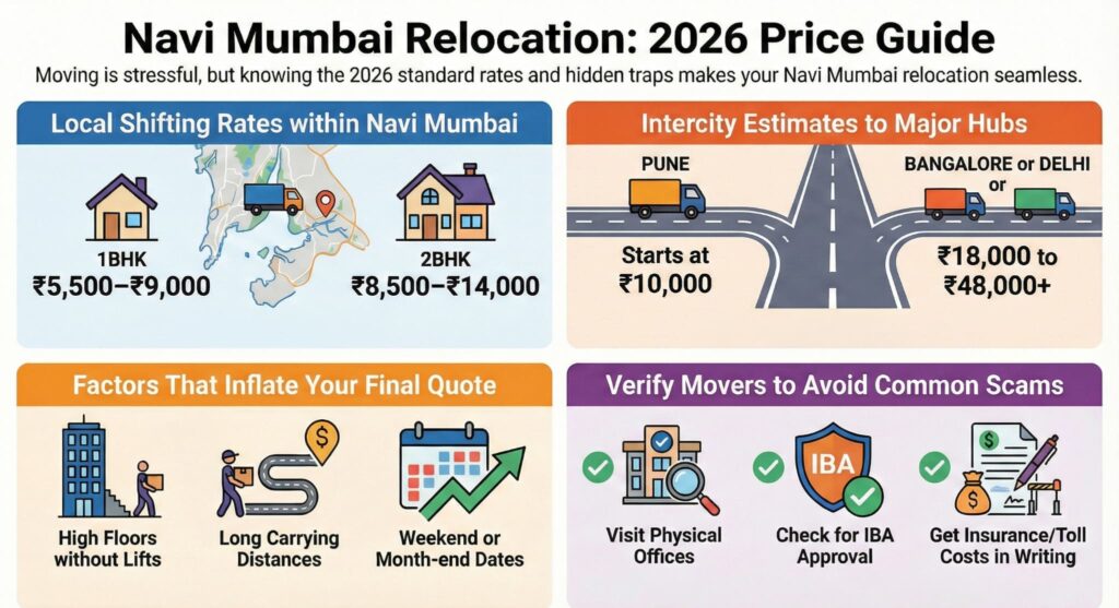 Navi Mumbai Packers Movers Rates 2026: Local 1BHK costs (₹5,500-₹9,000), Intercity charges to Bangalore (₹18,000+), and scam prevention tips.