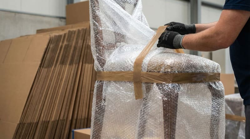 Professional packers wrapping furniture with bubble wrap and foam.