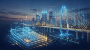 Navi Mumbai skyline with digital calculator overlay for stamp duty 2026.