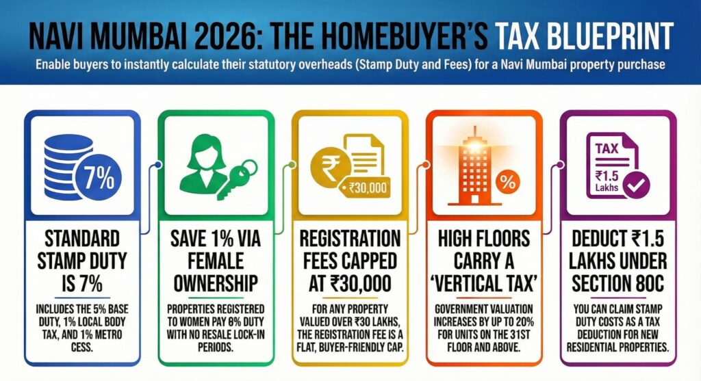 Navi Mumbai Homebuyer Tax Guide 2026: 7% Stamp Duty, 1% female ownership savings, ₹30,000 registration cap, and Section 80C tax deductions.