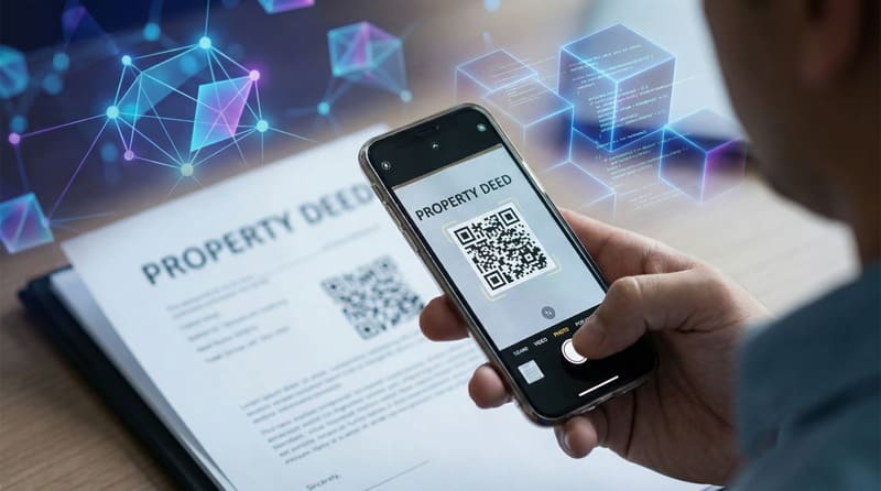 Digital property registration with QR code security concept.