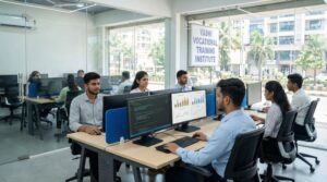 Students learning data science in a modern computer lab in Vashi Navi Mumbai.