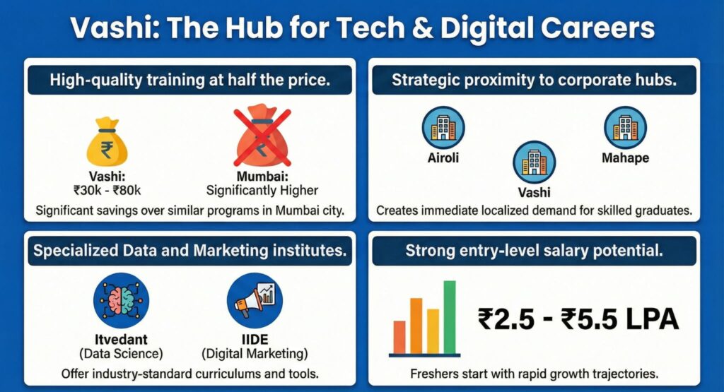 Vashi Tech Career Hub Infographic: Data Science course fees (₹30k-₹80k), top institutes like Itvedant & IIDE, and fresher salaries (₹2.5L-₹5.5L) in Navi Mumbai.
