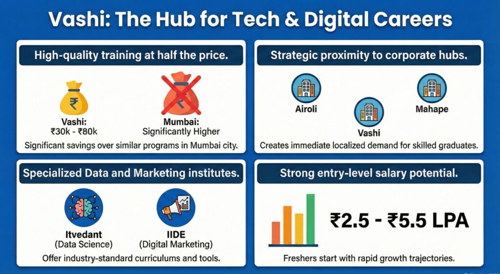 Vashi Tech Career Hub Infographic: Data Science course fees (₹30k-₹80k), top institutes like Itvedant & IIDE, and fresher salaries (₹2.5L-₹5.5L) in Navi Mumbai.