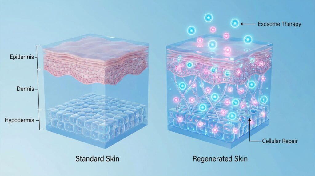 Illustration of skin repair using Exosome therapy vs PRP.
