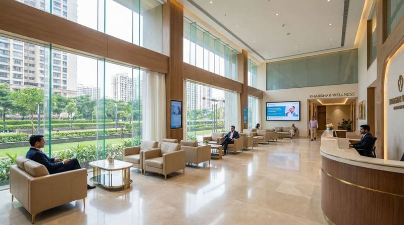 Modern reception area of a luxury dermatology clinic in Kharghar.