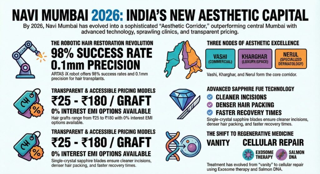 Navi Mumbai Aesthetic Capital 2026: Robotic hair restoration (98% success), cost per graft (₹25-₹180), Sapphire FUE tech, and regenerative medicine trends in Vashi & Kharghar.