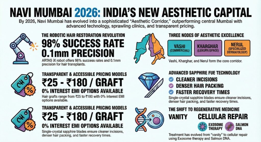 Navi Mumbai Aesthetic Capital 2026: Robotic hair restoration (98% success), cost per graft (₹25-₹180), Sapphire FUE tech, and regenerative medicine trends in Vashi & Kharghar.