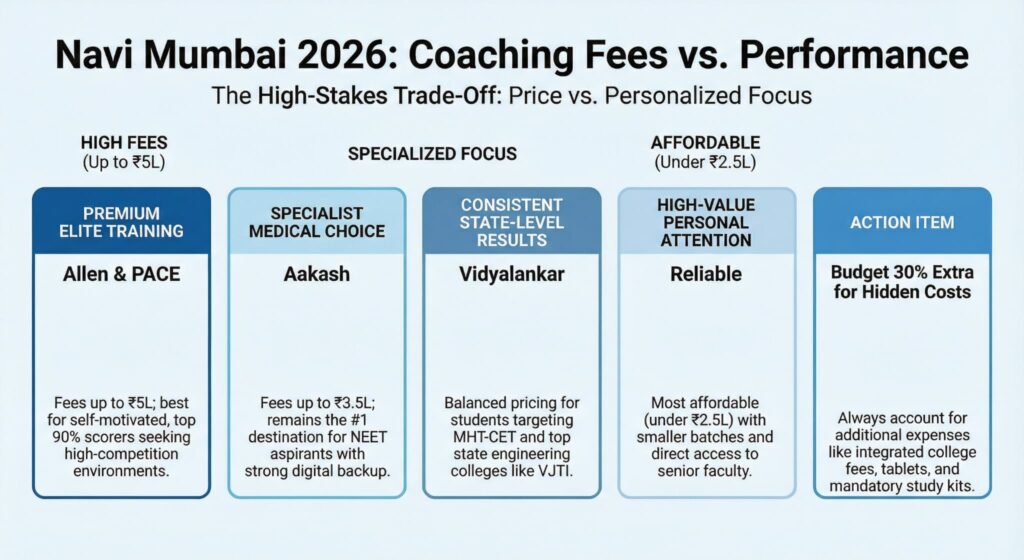 Navi Mumbai Coaching Fees 2026 Comparison: Allen & PACE (up to ₹5L) vs. Reliable Classes (under ₹2.5L), plus hidden cost warnings.