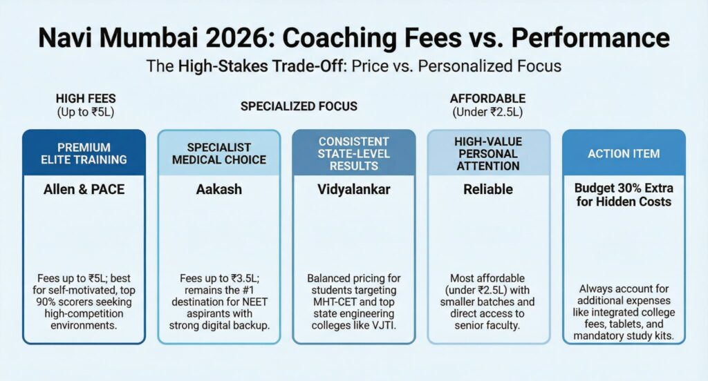 Navi Mumbai Coaching Fees 2026 Comparison: Allen & PACE (up to ₹5L) vs. Reliable Classes (under ₹2.5L), plus hidden cost warnings.
