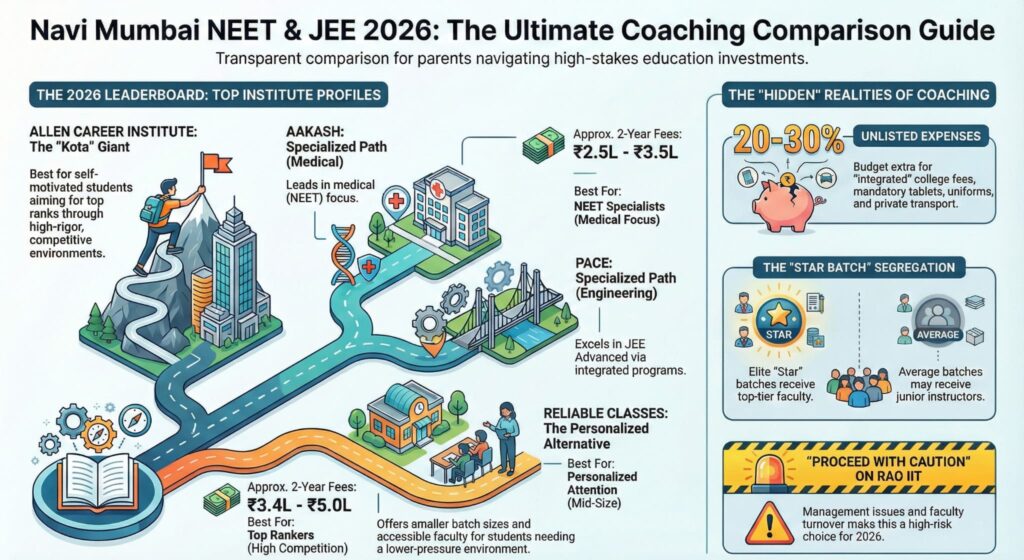 Navi Mumbai NEET JEE Coaching 2026: Allen vs Aakash fees (₹2.5L-₹5L), hidden costs (20-30%), and Star Batch segregation warning.