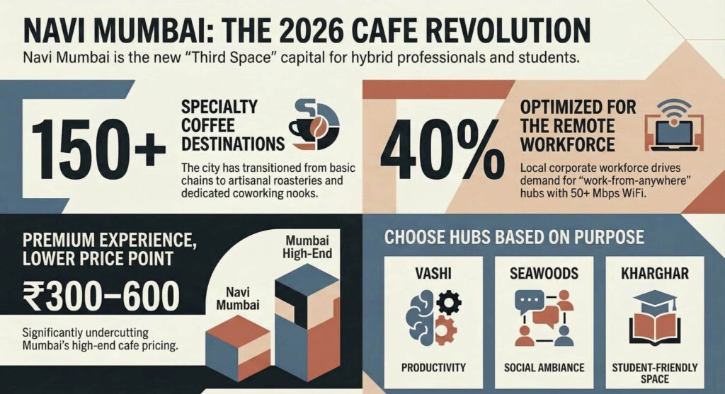 Navi Mumbai cafe revolution infographic 150 specialty coffee shops remote work WiFi pricing comparison statistics