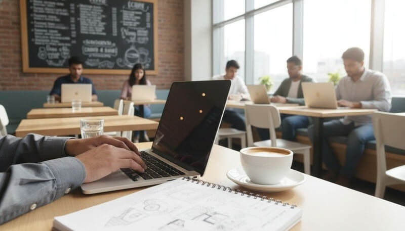 Remote workers coffee shop Navi Mumbai professionals working laptops WiFi cafe coworking freelancers digital nomads