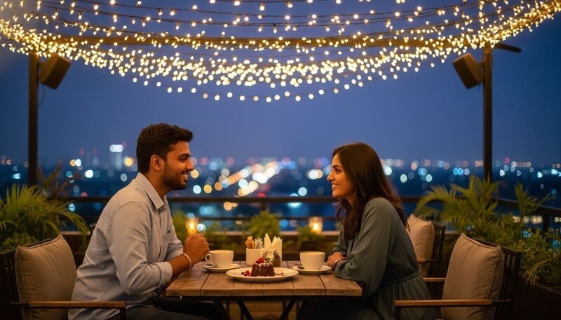 Romantic cafe Navi Mumbai date night rooftop seating couple coffee dessert ambiance fairy lights evening
