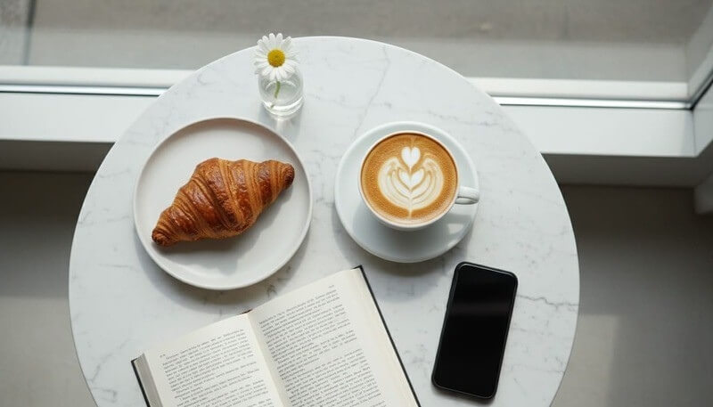 Cafe flat lay cappuccino latte art croissant pastry coffee aesthetic Navi Mumbai brunch food photography
