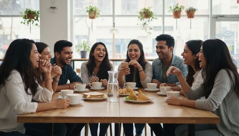 Friends cafe hangout Navi Mumbai coffee social gathering weekend community young people laughter group