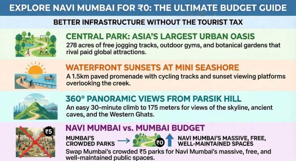 Navi Mumbai free budget attractions infographic Central Park Mini Seashore Parsik Hill zero cost comparison Mumbai