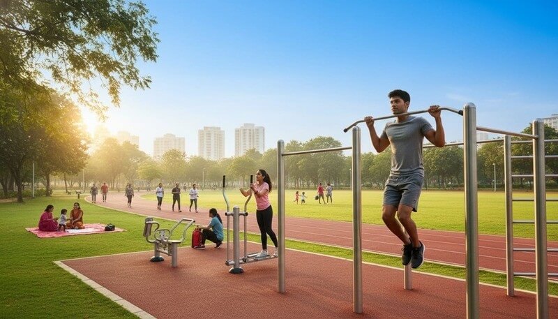 Free outdoor gym Central Park Kharghar public exercise equipment jogging track budget fitness activities Navi Mumbai
