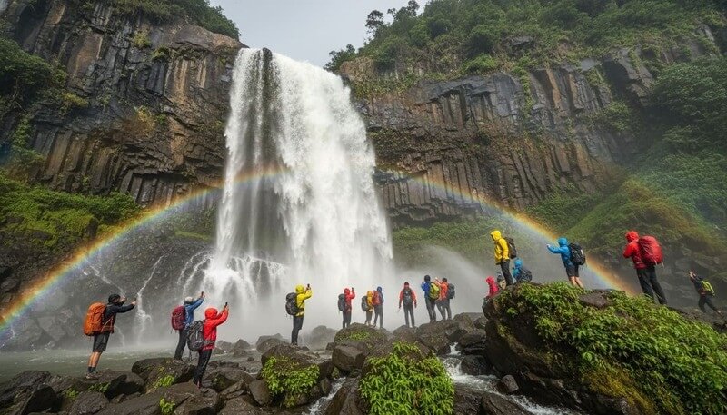 Monsoon waterfall trek Western Ghats hikers near cascading falls Sahyadri mountains adventure trekking Mumbai