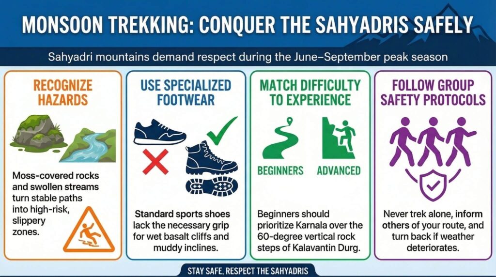 Monsoon trekking safety infographic Sahyadris hazards footwear difficulty levels group protocols Western Ghats