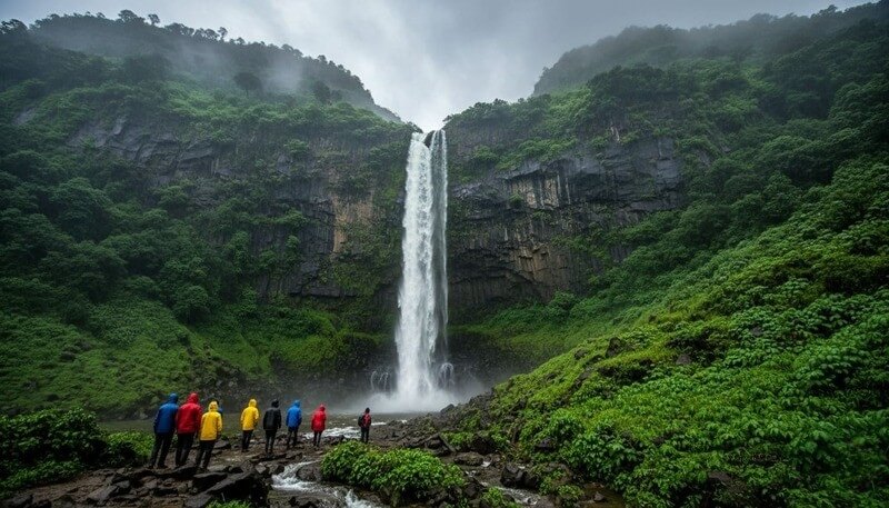 Monsoon season Navi Mumbai Pandavkada waterfall green hills trekking misty clouds Western Ghats rainfall tourism