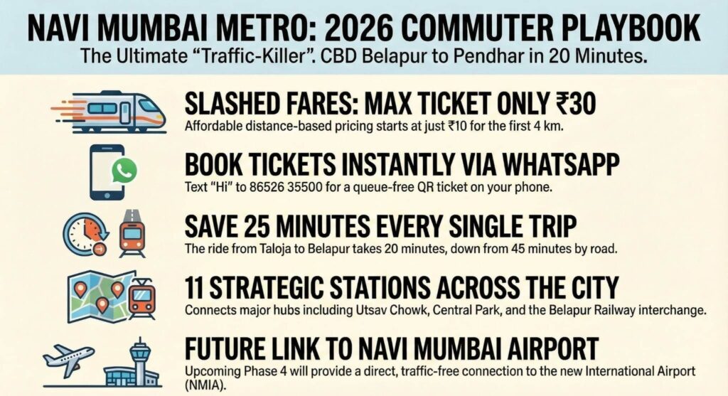 Navi Mumbai Metro 2026 Commuter Playbook: Max fare ₹30, WhatsApp ticketing, Belapur to Pendhar route, and Airport link.