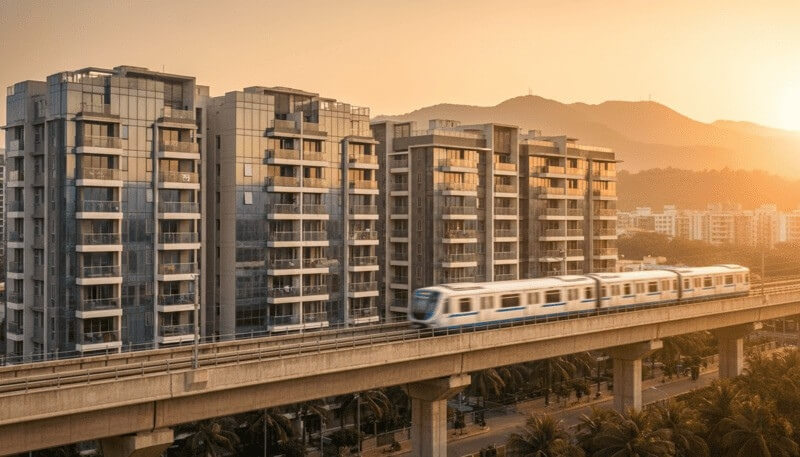 Modern residential high-rise buildings next to an elevated Navi Mumbai Metro line in Kharghar.