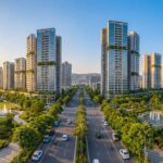 Panoramic view of modern Navi Mumbai residential towers with tree-lined boulevards and waterfront promenade