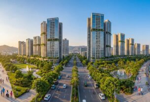 Best areas to live in Navi Mumbai 2026 - Panoramic view of modern residential towers with tree-lined boulevards and coastal skyline