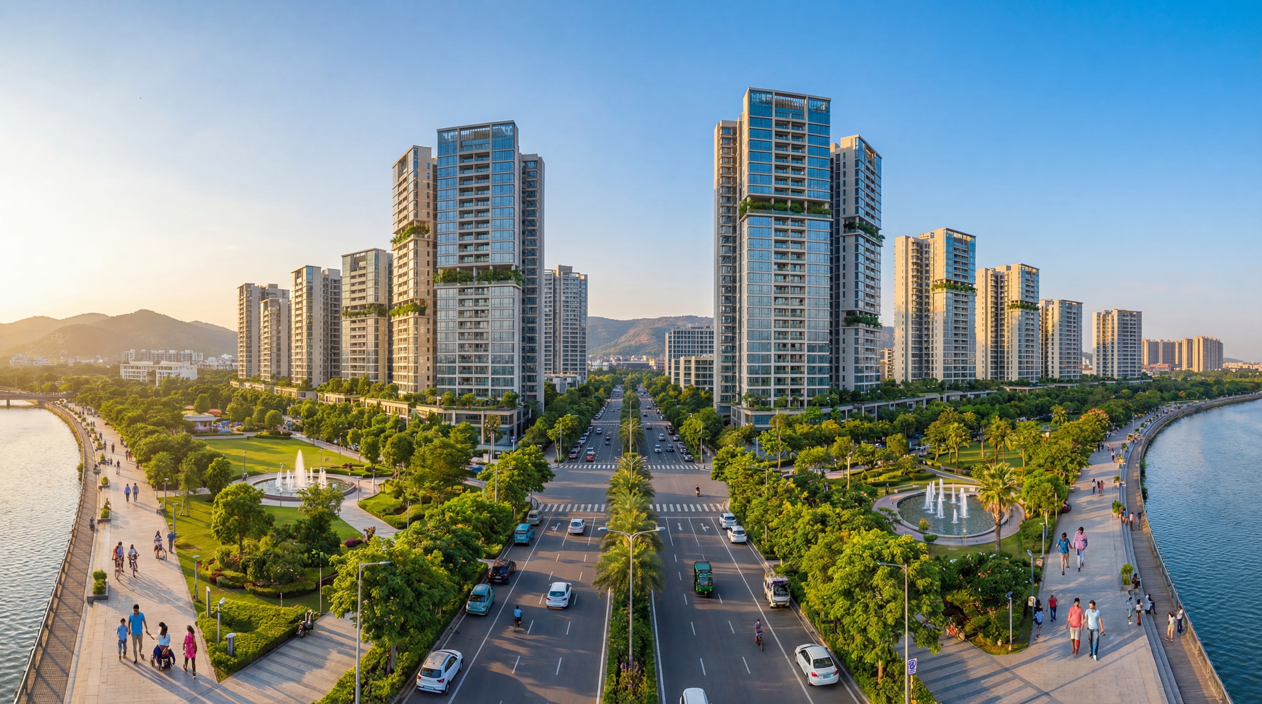 Best areas to live in Navi Mumbai 2026 - Panoramic view of modern residential towers with tree-lined boulevards and coastal skyline