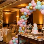 Decorated birthday party banquet hall in Navi Mumbai with balloon arch, cake table, and elegant dining setup