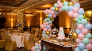 Decorated birthday party banquet hall in Navi Mumbai with balloon arch, cake table, and elegant dining setup