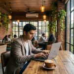 Cozy modern cafe in Navi Mumbai with latte art coffee on wooden table and warm ambient lighting
