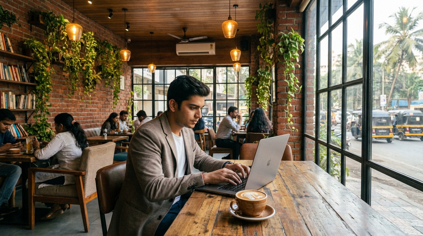 Cozy modern cafe in Navi Mumbai with latte art coffee on wooden table and warm ambient lighting