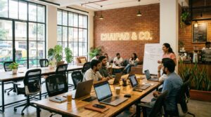 Bright coworking space in Navi Mumbai with shared desks, laptops, and professionals working in a modern open-plan office