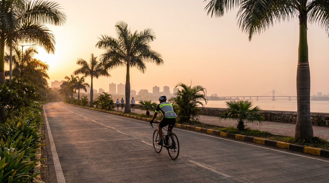 Cyclist riding on Palm Beach Road cycling track in Navi Mumbai during early morning with creek and skyline view